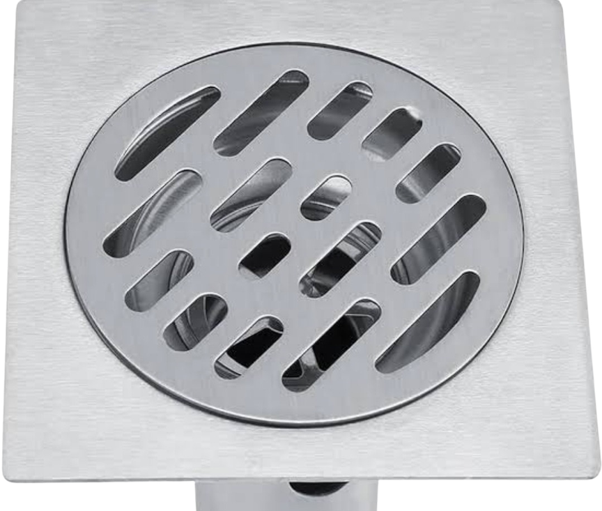 SHOWER TRAP SQAURE S/S CP ROUND GRID